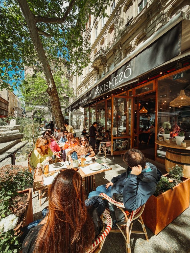 A group dining on Kismező’s shaded city-centre terrace